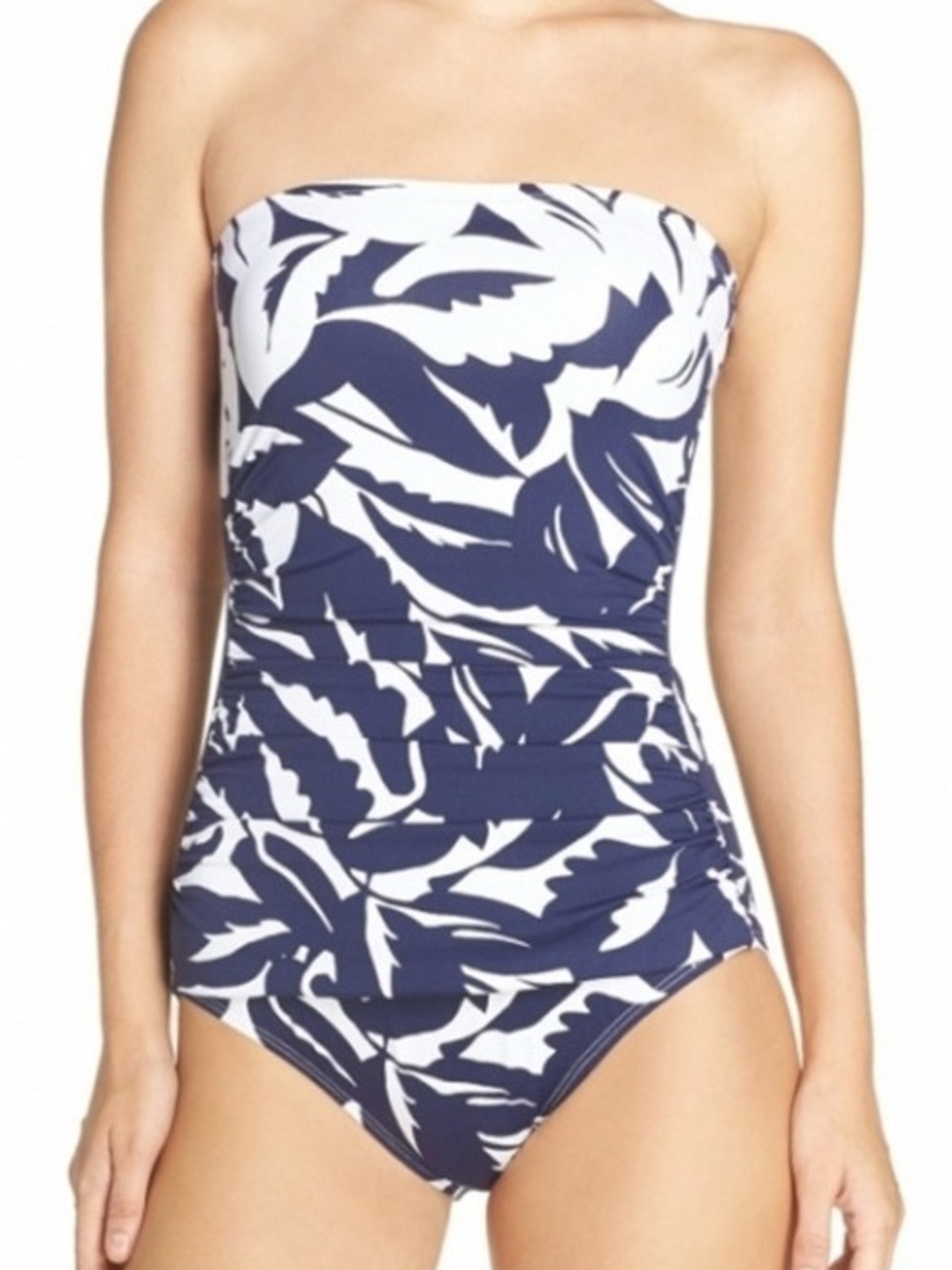 TOMMY BAHAMA Bandeau Shirred Floral One-Piece Swimsuit, Navy, White Cream Size 6